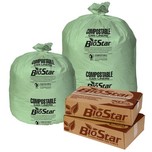 33 Gal. BioStar Compostable Can Liner 33''x39'' 1.0mil, Green (10 Per Roll, 10 Rolls)