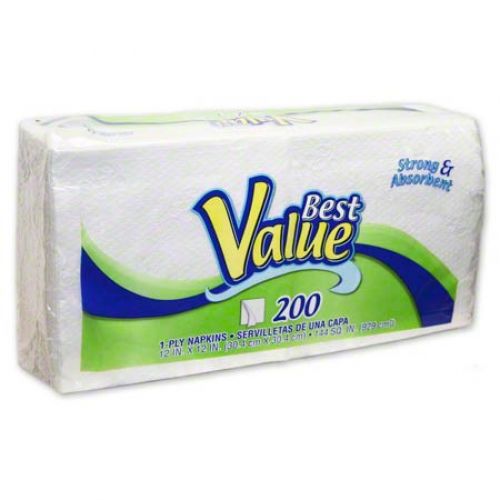 1-Ply Disposable Napkins 12''x12'', Pack, White (200 Per Pack, 18 Packs)