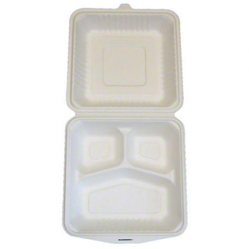 PrimeWare Hinged Container Molded Fiber 3-Comp 8x8x2.5 Pack 2/100