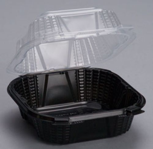Large Hinged 1-Compartment Food Container 6''x6.25''x3'', Black (Clear Lid), 100/Pack