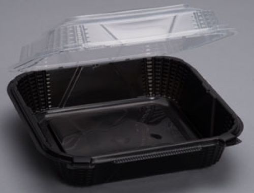 Medium Hinged 1-Compartment Food Container 8''x8''x3'', Black (Clear Lid), 75/Pack