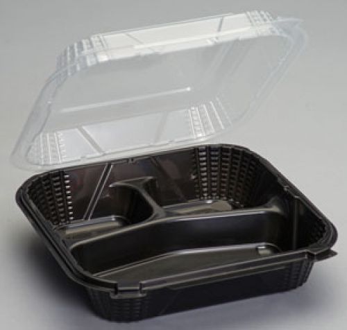 Large Hinged 3-Compartment Food Container 9.25''x9.13''x3'', Black (Clear Lid), 75/Pack