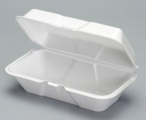 Large Hinged 1-Compartment Foam Container 9.5''x5.25''x3.5'', White, 100/Pack