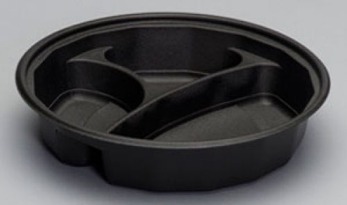 48 oz. Round 3-Compartment Microwaveable Container Base 9.5''x2'', Black, 75/Pack