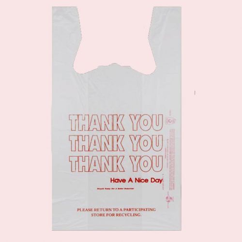 20# ''Thank You'' T-Shirt Bag 9''x6''x18'' 12mic, White/Red (1500 Per Case)