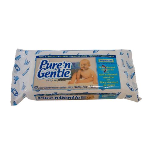 Pure'n Gentle Alcohol-Free Baby Wipes 7''x7'', Pack, White (80 Per Pack, 12 Packs)