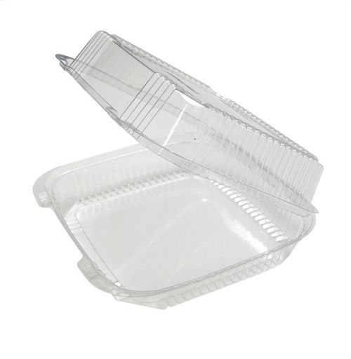 8-13/64''x8-11/32''x2-29/32'' Clear 49oz Hinged 1-Compt Container