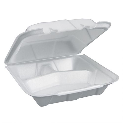 9''x9''x3.5'' White Economy Foam Hinged 3-Compartment Dual Tab Container