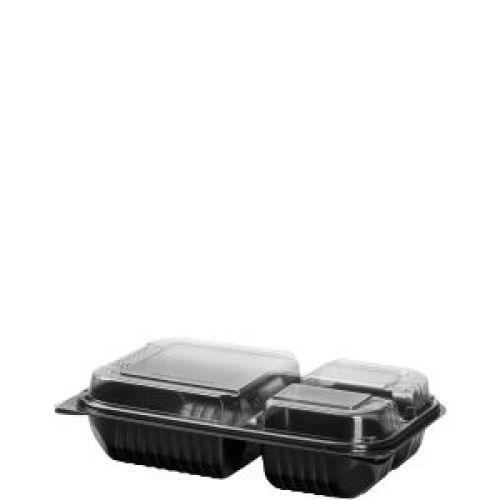 Hinged Dinner Box 3 Compartment Black/Clear 11.5'' x 8.5''