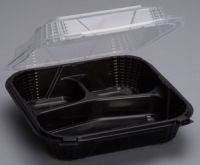 Medium Hinged 3-Compartment Food Container 8''x8''x3'', Black (Clear Lid), 75/Pack