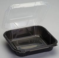 Large Hinged 1-Compartment Food Container 9.25''x9.13''x3'', Black (Clear Lid), 75/Pack