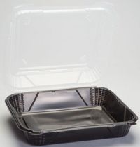 Jumbo Hinged 1-Compartment Food Container 10.5''x9.25''x3.25'', Black (Clear Lid), 75/Pack