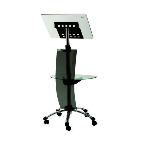 3070 | Modern designed lectern for mobile presentations incorporating thick clear glass. Chrome frame and base gives premium feel and castors allow for easy positioning. Height adjustable presentation surface to suit the speaker and lower shelf also adjustable for perfect positioning. Curved front privacy panel.