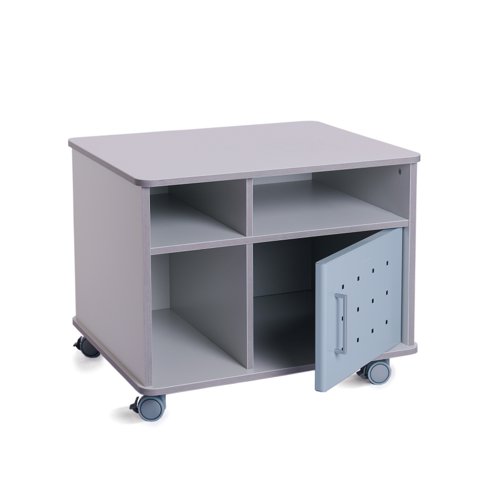 21454RC | Mobile work unit ideal for siting personal photocopiers and printers. Includes under surface storage with 4 sections, one includes a door to keep contents tidy and secure. Castors for easy movement. Made from melamine construction and finished in grey.