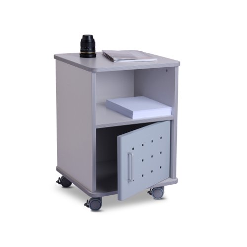Mobile work unit ideal for siting personal photocopiers and printers. Includes under surface storage with 2 sections, one includes a door to keep contents tidy and secure. Castors for easy movement. Made from melamine construction and finished in grey.