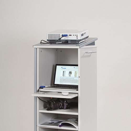 4036 | Multifunctional unit made in melamine designed to satisfy the new needs in modern workstations. This new concept unit makes it possible to have a complete mobile workstation for storing and transporting everything needed for everyday work, especially with hybrid working provision. Castors allow for easy movement. Four shelves and pull out shelf. External coat hook and lockable metal door for security.