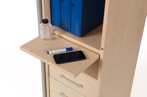 Multifunctional unit made in melamine designed to satisfy the new needs in modern workstations. This new concept unit makes it possible to have a complete mobile workstation for storing and transporting everything needed for everyday work, especially with hybrid working provision. Castors allow for easy movement. Internal drawers and shelf with pull out shelf. External coat hook and lockable metal door for security.