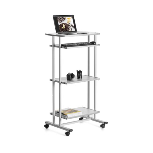 5220V22 | Computer table with 4 shelves. Metal construction in grey with strong frame for stability. Castors allow for easy movement but incorporates a safety brake system. Fixed top surface with 3 lower trays incorporating sliders so can be individually placed. Grey melamine.
