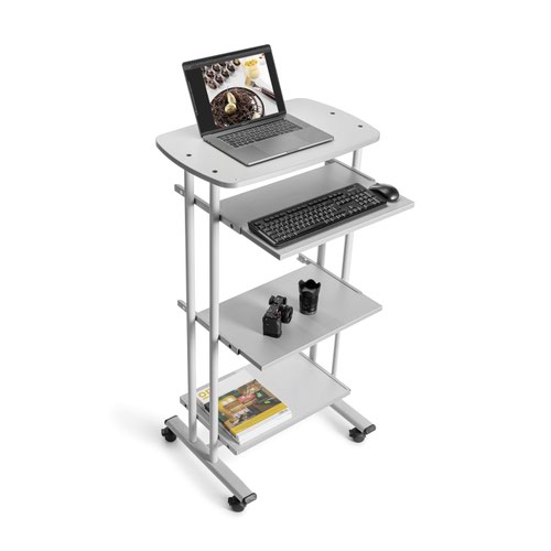 5220V22 | Computer table with 4 shelves. Metal construction in grey with strong frame for stability. Castors allow for easy movement but incorporates a safety brake system. Fixed top surface with 3 lower trays incorporating sliders so can be individually placed. Grey melamine.