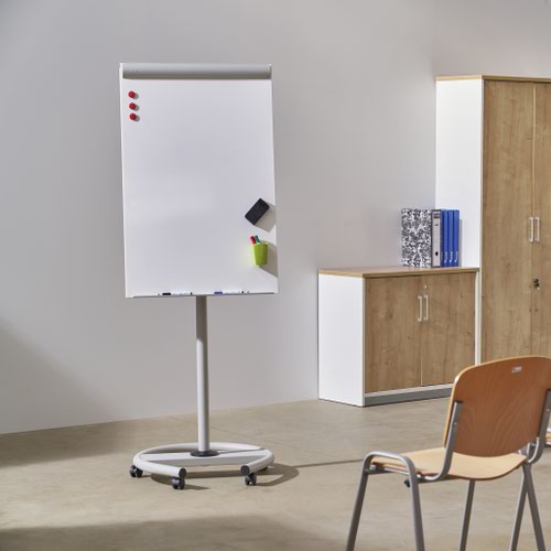 Mobile flipchart with 5 castors on a sturdy metal base. High quality magnetic dry-wipe surface. Easy height adjustable using smooth spring mechanism. Universal fittings for flipchart pad. 2 telescopic arms for additional presentation options. Easy to assemble.