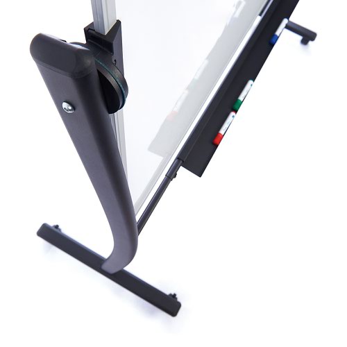 6871PK | High-quality designed metal mobile support with free rotation safety turning system allowing writing on both sides of the board. Its new design provides the most comfortable position for the user. Incorporates a tray for writing tools. Easy to assemble. Includes double sided whiteboard 150 x 120cm.