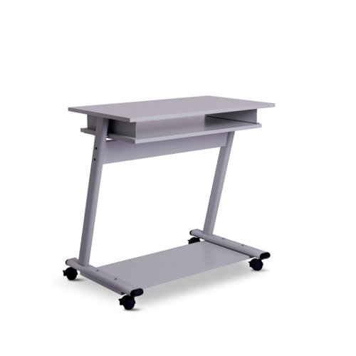 21475RC | Mobile computer table with metal frame and melamine shelves. Castors allow for easy movement and a brake system to fix in situ. Pull out keyboard tray for added convenience and storage.