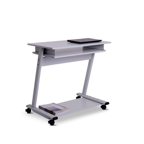 Mobile computer table with metal frame and melamine shelves. Castors allow for easy movement and a brake system to fix in situ. Pull out keyboard tray for added convenience and storage.