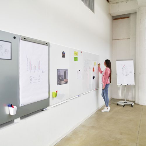 6520PRO | The ideal product range to support your creativity. SKIN Range includes a wide range of sleek and frameless metal magnetic whiteboards with choice of shapes, sizes and colours to add personalisation to any environment. These slim and modern whiteboards are modular so can be mixed and matched to create unique presentation areas use or a single panel for traditional applications. Discover the advantages provided by frameless modular magnetic whiteboards.