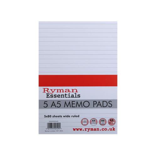 Ryman Ruled Memo Pad with 80 Sheets in A5 Pack of 5