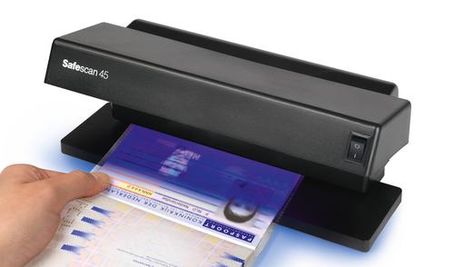 Every modern banknote has integrated UV security features that only show up under ultraviolet light at a certain frequency. The Safescan 45 is designed specifically to help you verify these features and identify potentially counterfeit banknotes.The Safescan 45 not only reveals the integrated UV security features in modern banknotes; it also instantly illuminates the UV security features built into today’s credit cards, passports and other ID documents, as well as UV ink applied to protect valuable items from theft or confirm event admission.Dual UV bulbs project twice the light onto your banknote or ID card, making it easier to see its UV features under normal lighting conditions.