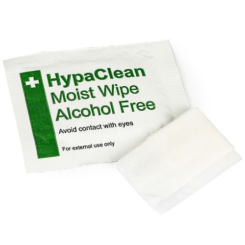 13600FA | These HypaClean alcohol-free moist wipes contain an aqueous cleansing solution on a non-woven material, mentioned in the HSE First Aid Regulations as an item that is recommended in a well-stocked first aid kit.The alcohol-free cleansing solution is ideal for cleaning skin around wounds prior to applying a plaster or dressing, but should not be used directly on wounds.Each wipe is individually wrapped in a foil sachet to preserve freshness and allow users to carry a handful of sachets with them for use while travelling. Sized at a generous 180 x 110mm, each wipe folds out of its compact packaging to offer a large cleaning surface.