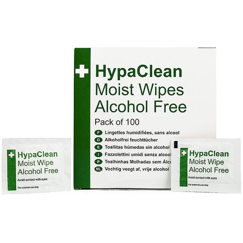 These HypaClean alcohol-free moist wipes contain an aqueous cleansing solution on a non-woven material, mentioned in the HSE First Aid Regulations as an item that is recommended in a well-stocked first aid kit.The alcohol-free cleansing solution is ideal for cleaning skin around wounds prior to applying a plaster or dressing, but should not be used directly on wounds.Each wipe is individually wrapped in a foil sachet to preserve freshness and allow users to carry a handful of sachets with them for use while travelling. Sized at a generous 180 x 110mm, each wipe folds out of its compact packaging to offer a large cleaning surface.