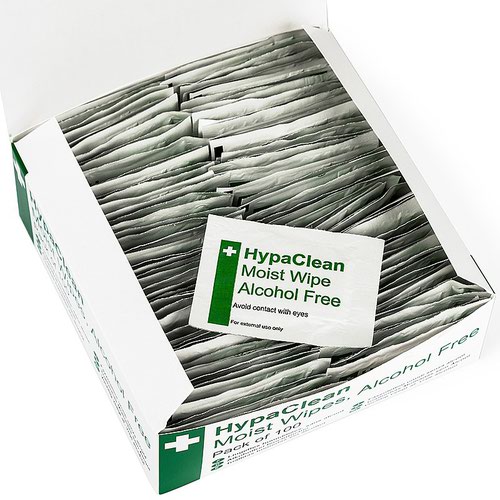 These HypaClean alcohol-free moist wipes contain an aqueous cleansing solution on a non-woven material, mentioned in the HSE First Aid Regulations as an item that is recommended in a well-stocked first aid kit.The alcohol-free cleansing solution is ideal for cleaning skin around wounds prior to applying a plaster or dressing, but should not be used directly on wounds.Each wipe is individually wrapped in a foil sachet to preserve freshness and allow users to carry a handful of sachets with them for use while travelling. Sized at a generous 180 x 110mm, each wipe folds out of its compact packaging to offer a large cleaning surface.
