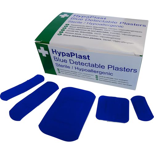 11297FA | HypaPlast Blue Catering Plasters are essential for food industry environments, including food manufacturing, preparation and handling, where 'blue items' are a must - helping you to comply with food hygiene legislation. This is because no foods are naturally blue, and blue plasters are therefore more visible if they fall into food than other coloured plasters. HypaPlast Blue Catering Plasters also include a metal detectable strip to facilitate automated hygiene checks. These plasters have great resistance to water and other liquid and the quality adhesive ensures that plasters will not lift, even when exposed to some of the cleaning processes used in the food industry. These Blue Catering Plasters also offer maximum comfort and flexibility with a variety of sizes and shapes in each pack. The Assorted Pack of 100 contains an assortment of 100 plasters in 5 different shapes.