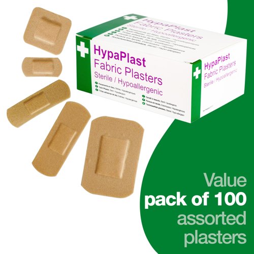 HypaPlast Fabric Plasters Sterile and HypoAllergenic Assorted Sizes (Pack 100) - D8010