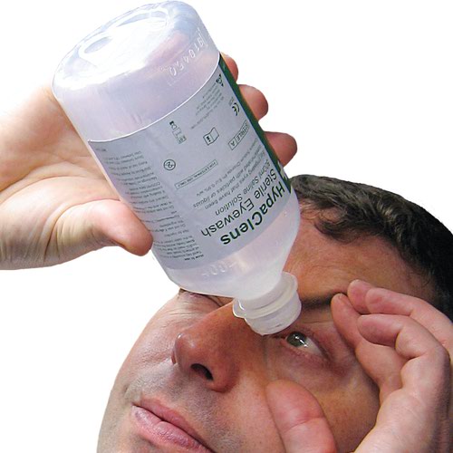 HypaClens Sterile Emergency Eyewash Bottles are ideal for washing and rinsing eyes, providing sensitive moisture replenishment for eyes that have been contaminated with particles, smoke, dust or liquid. As per HSE guidance, following eye contamination with chemicals or small particles, you should wash the eye out with either clean water or sterile fluid from a sealed container for at least 10 minutes. The 500ml size bottle helps you to have adequate eyewash facilities at your place of work, as HSE guidelines state that you will require at least a litre of eyewash available at any one time in a workplace environment.The HypaClens Sterile Eyewash Bottle contains 0.9% sterile saline solution which is ideal for irrigating eyes and even other general wound washing applications. HypaClens Sterile Eyewash is designed to be a substitute for clean running water in first aid situations and is only intended to be used once. Reuse of the bottle would mean the contents were no longer sterile and could pose a risk of infection. For this reason, the bottle is designed so it cannot be resealed. After use, any excess fluid remaining in the bottle should be discarded. 