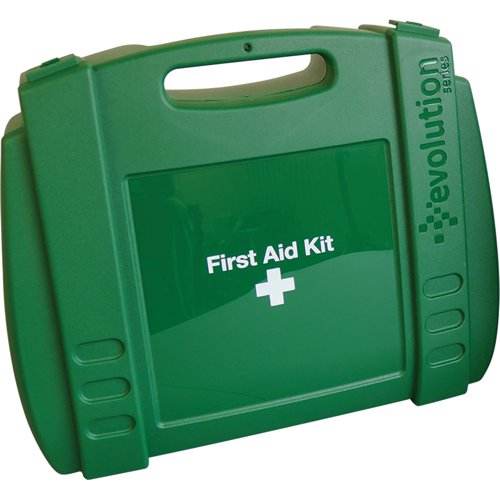 13642FA | The Evolution British Standard Compliant Workplace First Aid Kit in Green Case (large) is the market leader in first aid kit design and content, developed specifically for the UK. The first aid kit comes in three sizes (small, medium and large) according to your organisation’s needs and helps you to comply with British Standard requirements for workplace first aid. Each high-quality Evolution first aid kit box is made of a durable injection moulded plastic and features a white cross and clear ”First Aid” sign, making it easy to identify. The first aid kit is ideal for any type of workplace providing all essential workplace first aid supplies in case of an emergency. The contents are stored in an innovative rigid plastic case that is easy to carry, making it simple to transport to any casualty in need of attention. Evolution first aid kits can be ~wall-mounted with brackets//PEVB02~ - sold separately.