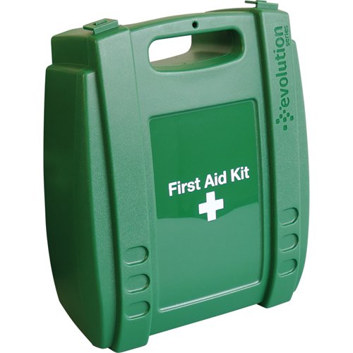 13614FA | The Evolution British Standard Compliant Workplace First Aid Kit in Green Case (Medium) is the market leader in first aid kit design and content, developed specifically for the UK. The first aid kit comes in three sizes (small, medium and large) according to your organisation’s needs and helps you to comply with British Standard requirements for workplace first aid. Each high-quality Evolution first aid kit box is made of a durable injection moulded plastic and features a white cross and clear ”First Aid” sign, making it easy to identify. The first aid kit is ideal for any type of workplace providing all essential workplace first aid supplies in case of an emergency. The contents are stored in an innovative rigid plastic case that is easy to carry, making it simple to transport to any casualty in need of attention. Evolution first aid kits can be ~wall-mounted with brackets//PEVB02~ - sold separately.