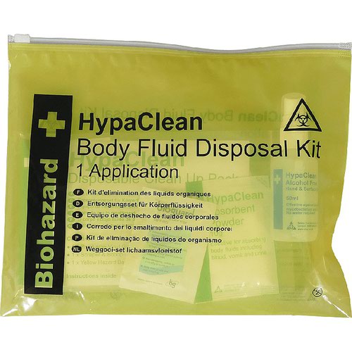 11241FA | The HypaClean Body Fluid Disposal Kit in Wallet is a convenient single application body fluid disposal kit supplied in a vinyl wallet. The kit is compact and easy to transport enabling you to always be prepared in case of an emergency. The HypaClean Body Fluid Kit in Wallet contains all the necessary to help you effectively clean and disinfect the solid area for maximum hygiene, preventing cross-infection.Contents:1 x Gloves (Pair)1 x Polythene Apron1 x Scraper & Scoop2 x Non-Woven Cloths1 x Disinfectant Wipe1 x Yellow Biohazard Disposal Bag1 x 10g Absorbent Powder Sachet1 x 30ml Clean up Disinfectant Spray