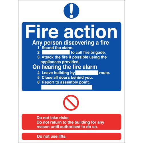 Fire Action Sign Rigid, 15cm x 20cm