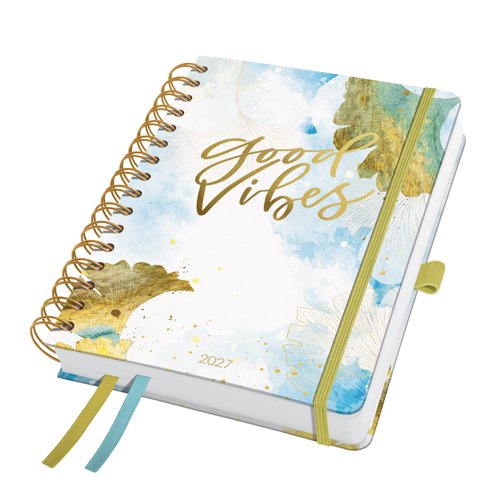 Jolie Spiral diary 2027 A5 16.80x21.50x2.80cm Good Vibes light blue/gold/white hardcover 1 year 240 p. 120 gsm