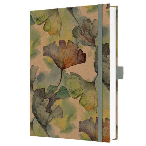 Jolie Notebook A5 15.20x20.30x1.90cm lined Pure Ginkgo yellow/green/brown hardcover 192 p. 100 gsm FSC-certified elastic fastener pen loop Ribbon mark