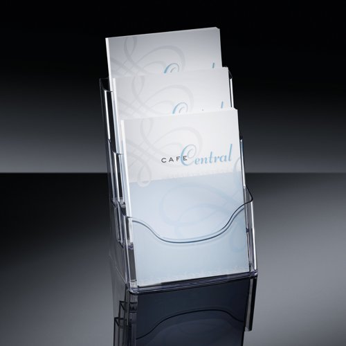 Table-top literature holder Acrylic Filling depth: 30mm slip-proof 3 compartments crystal clear acrylic : 2mm Filling format: A4 245x400x170mm.