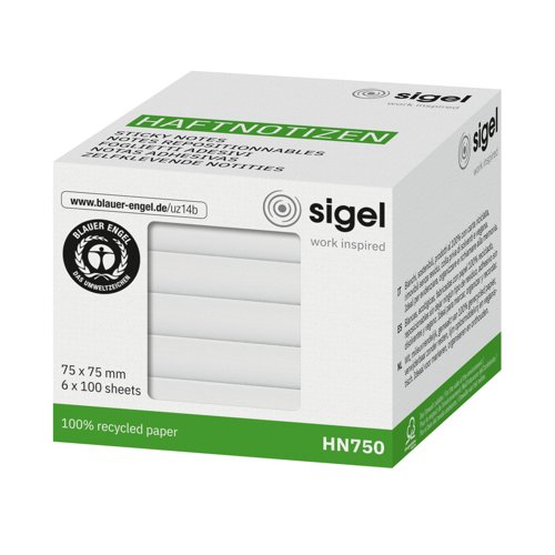 Sticky notes white 75x75mm 80 gsm recycled paper 6 pads of 100 sheets each