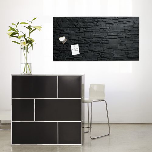 GL249 | The Artverum magnetic glass board with its writable surface is the modern alternative to a pinboard. This designer magnetic glass board adds a special decorative touch to any room. The magnetic glass board in 130 x 55 cm format, Slate design in black, is the perfect setting for your ideas and eye-catching on any wall.Box contents: 1x Magnetic glass board, screws, anchors for solid walls, mounting instructions incl. drilling template, 2 extra-strong SuperDym magnets GL705 (silver, cube design)