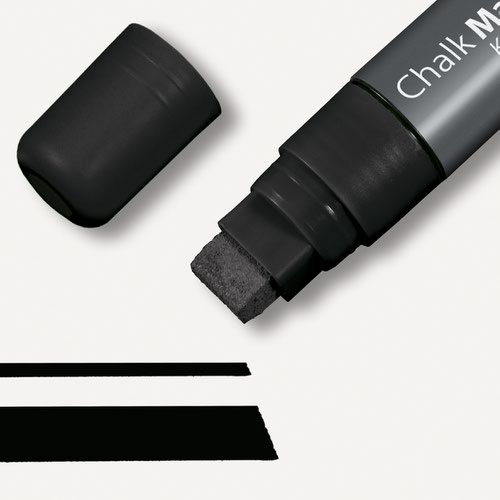 GL170 | The black chalk marker 150 with the 5-15 mm chisel tip writes with opaque liquid chalk and is suitable for use on smooth glass and almost all sealed surfaces. The water-based chalk can be wiped off with a damp or dry cloth.