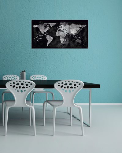 GL270 | The Artverum magnetic glass board with its writable surface is the modern alternative to a pinboard. This designer magnetic glass board adds a special decorative touch to any room. The magnetic glass board in 91 x 46 cm format, World-Map design in black, is the perfect setting for your ideas and eye-catching on any wall.Box contents: 1x Magnetic glass board, screws, anchors for solid walls, mounting instructions incl. drilling template, 3 extra-strong SuperDym magnets GL705 (silver, cube design)