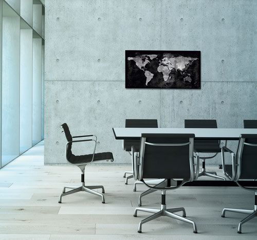 GL270 | The Artverum magnetic glass board with its writable surface is the modern alternative to a pinboard. This designer magnetic glass board adds a special decorative touch to any room. The magnetic glass board in 91 x 46 cm format, World-Map design in black, is the perfect setting for your ideas and eye-catching on any wall.Box contents: 1x Magnetic glass board, screws, anchors for solid walls, mounting instructions incl. drilling template, 3 extra-strong SuperDym magnets GL705 (silver, cube design)