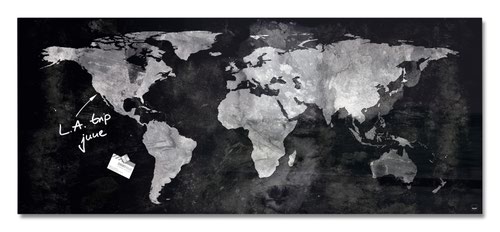 Wall Mounted Magnetic Glass Board 1300x550x18mm - World Map Design