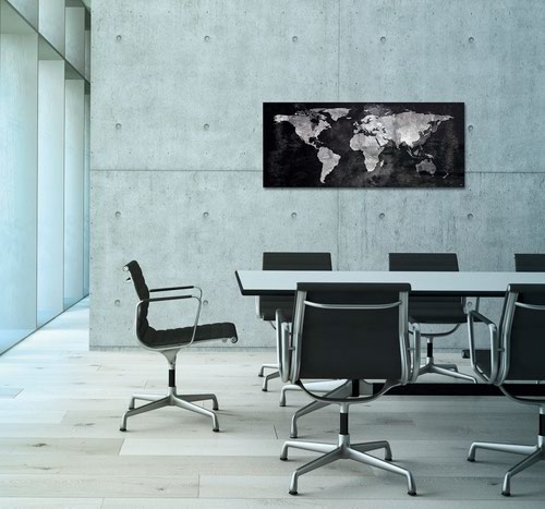 GL246 | The Artverum magnetic glass board with its writable surface is the modern alternative to a pinboard. This designer magnetic glass board adds a special decorative touch to any room. The magnetic glass board in 130 x 55 cm format, World-Map design in black, is the perfect setting for your ideas and eye-catching on any wall.Box contents: 1x Magnetic glass board, screws, anchors for solid walls, mounting instructions incl. drilling template, 2 extra-strong SuperDym magnets GL705 (silver, cube design)